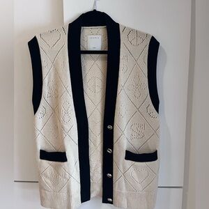 Sandro Black and Cream Knit Vest XS Fits Large Wool Ivory